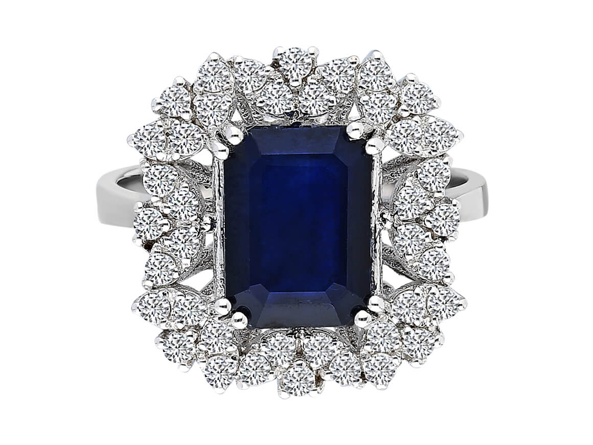 Eleganter Ring mit Oktagon-Schliff Saphir und Diamanten – 14K Weißgold
