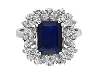 Eleganter Ring mit Oktagon-Schliff Saphir und Diamanten – 14K Weißgold