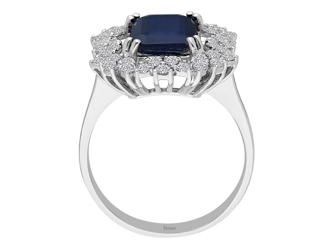 Eleganter Ring mit Oktagon-Schliff Saphir und Diamanten – 14K Weißgold