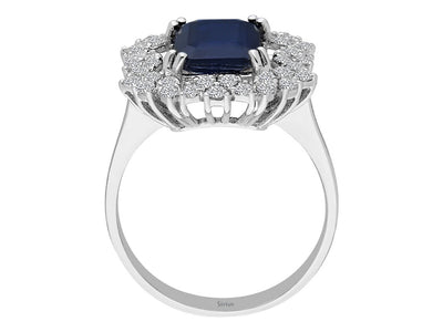 Eleganter Ring mit Oktagon-Schliff Saphir und Diamanten – 14K Weißgold