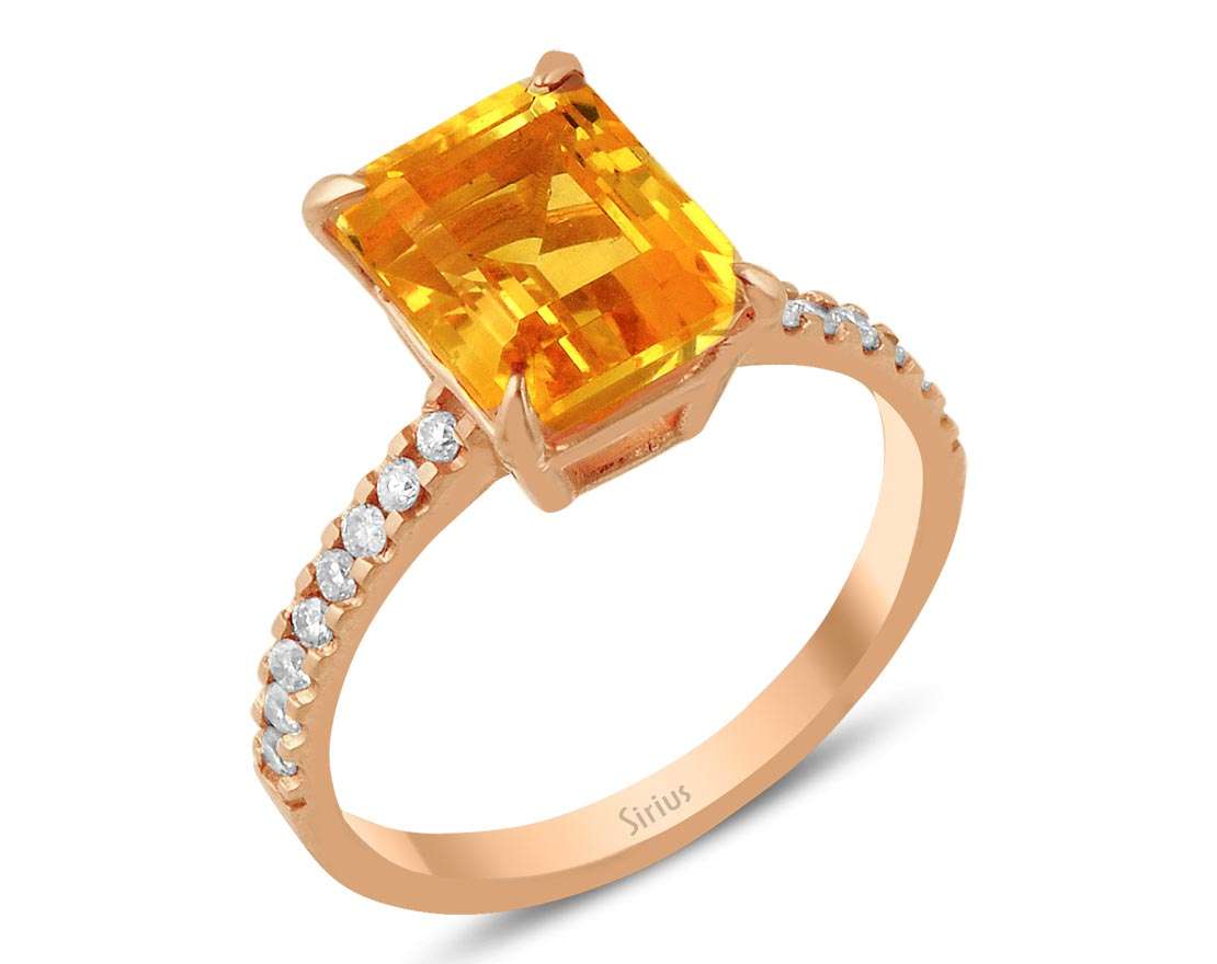14K Roségold Ring mit 18 runden Diamanten (0,23 Karat) und 1 Oktagon-Sitrin (3,71 Karat)