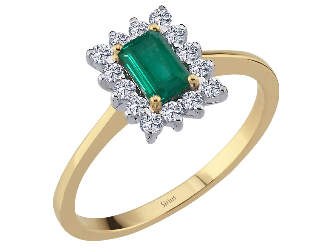 Bague élégante avec des diamants de laboratoire et une Émeraude octogonale - or 14 carats - Bijoux haut de gamme de Rosy Lab Diamonds