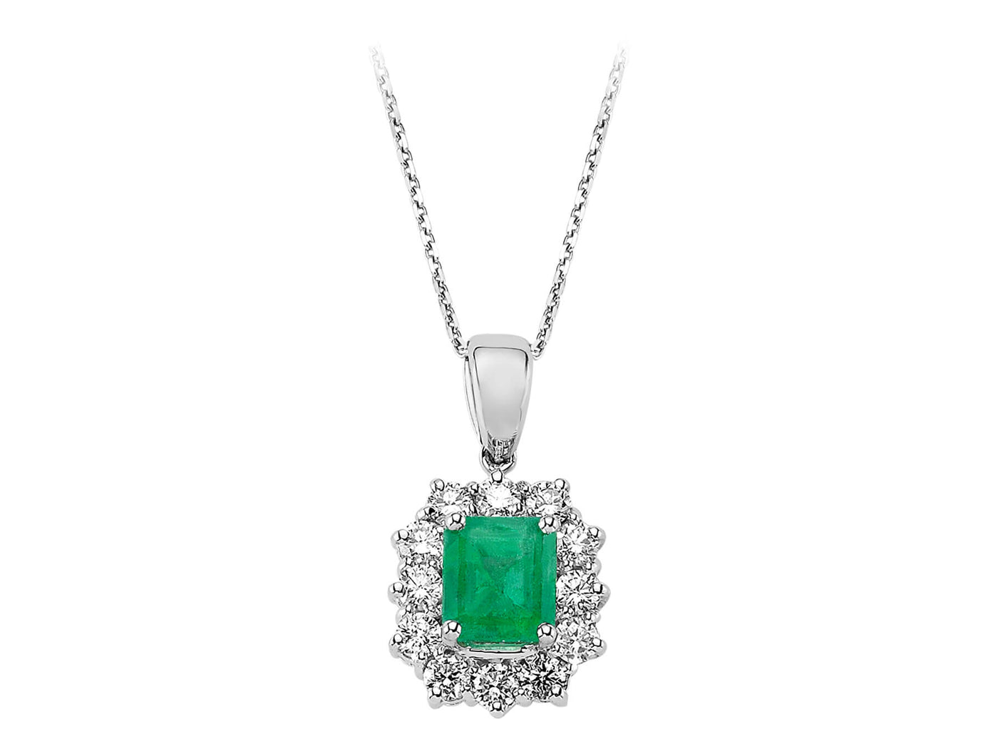 Anhänger mit Oktagon-Zsmaragd und 12 Diamanten – 18K Weißgold