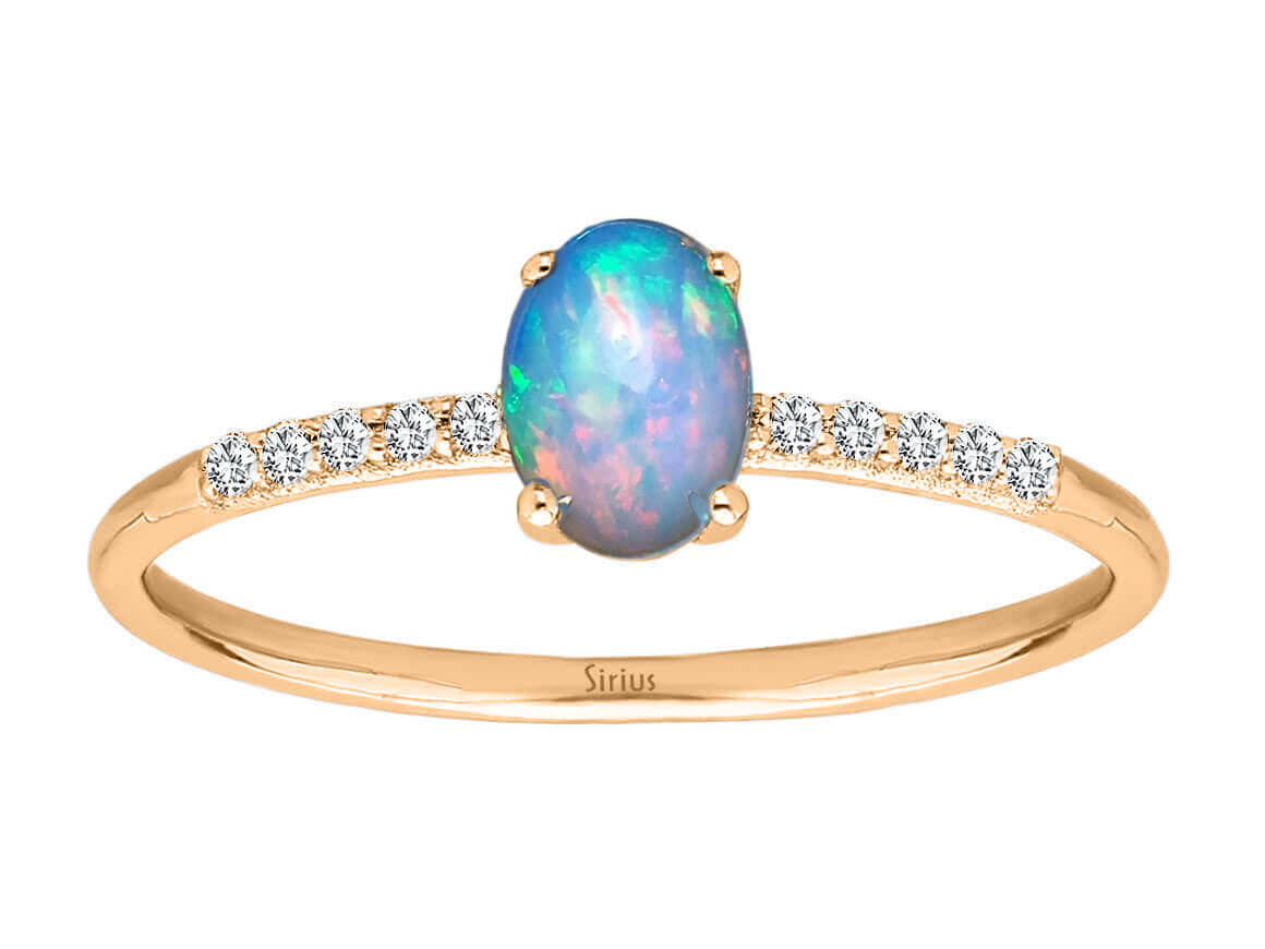 14 Karat rose gold ring with 10 round diamonds and 1 oval opal – 0.27 carat
