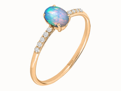 14 Karat rose gold ring with 10 round diamonds and 1 oval opal – 0.27 carat