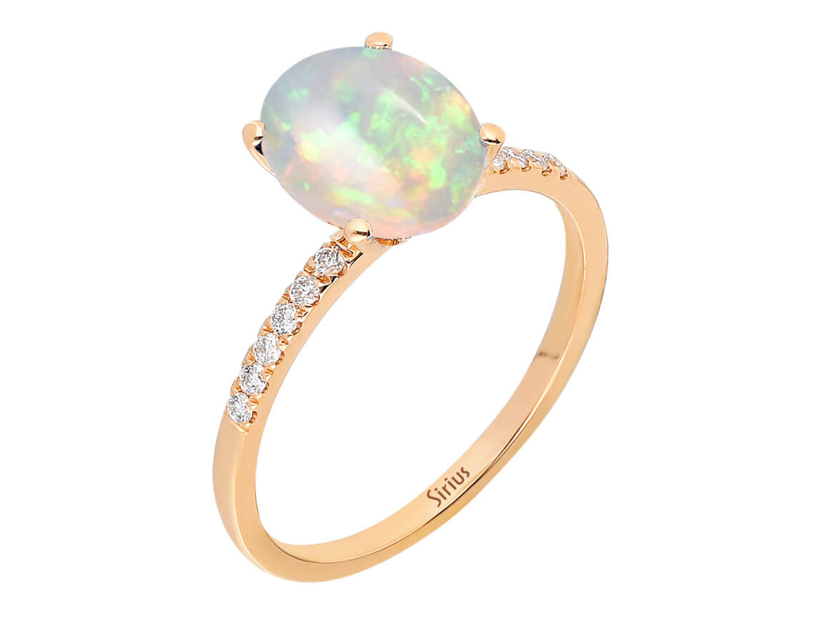 Elegant opal ring with diamonds in 14K rose gold