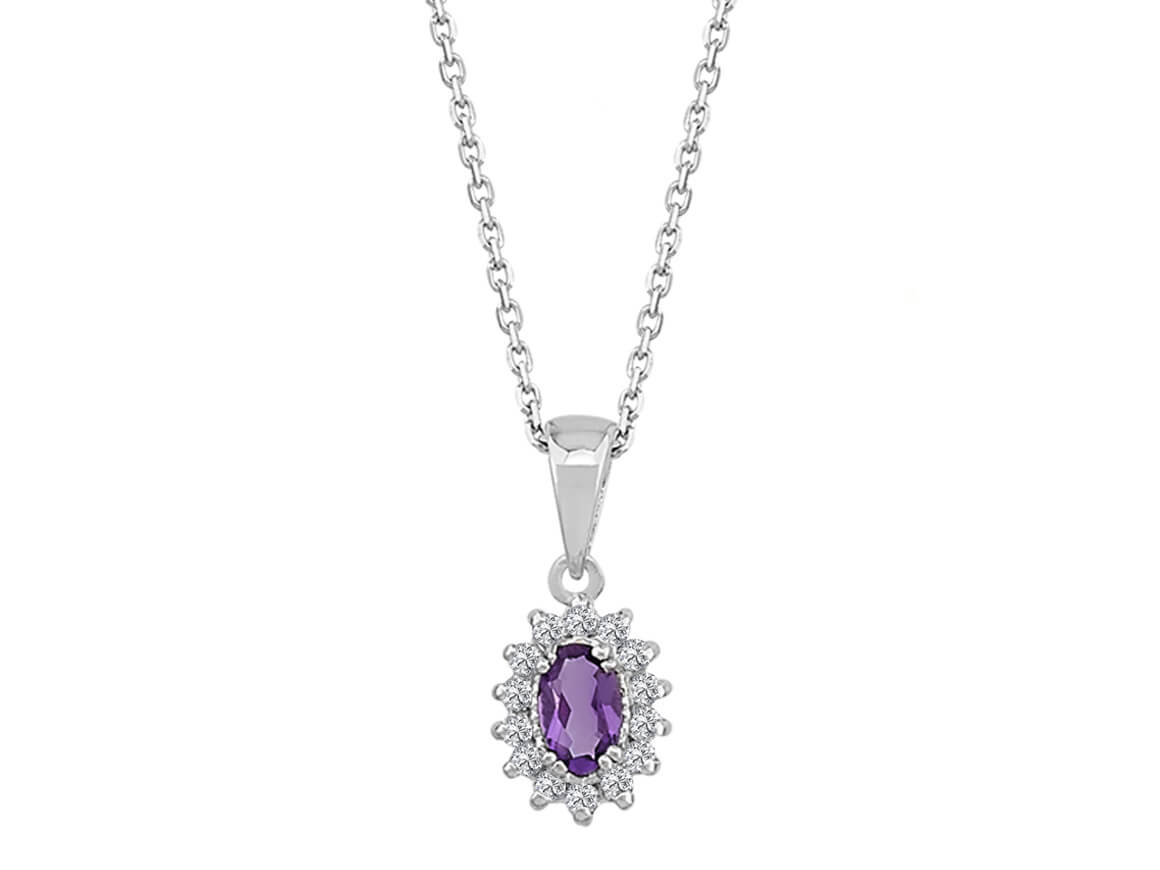 Collier Anturaj avec améthyste ovale et 14 diamants synthétiques en or blanc 8K
