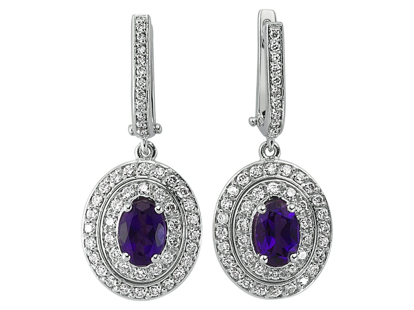 Boucles d'oreilles ovales en améthyste avec diamants en or blanc 14K