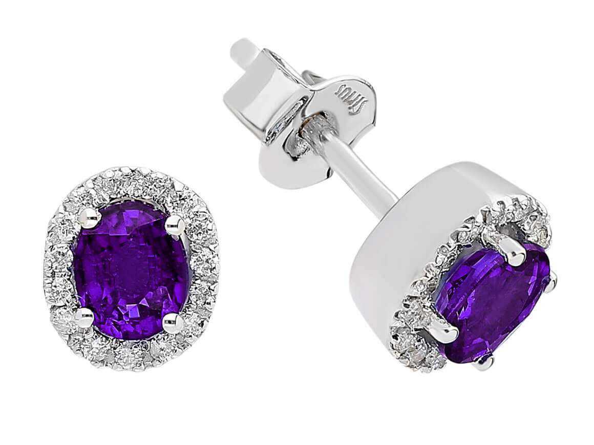 Clous d'oreilles ovales avec améthyste et diamants en or blanc 333 – 0,55 ct