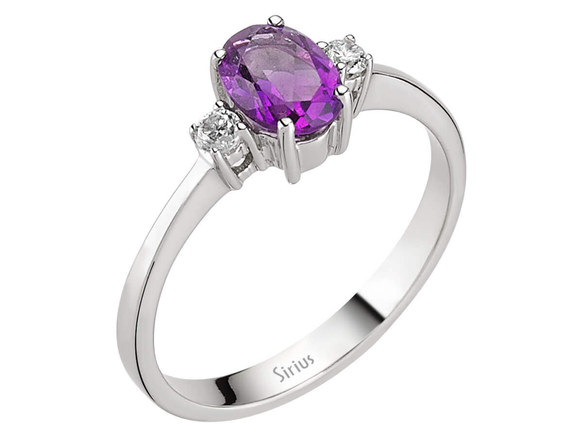 Eleganter Ring mit rundem Diamant und ovalem Ametist in 8 Karat Weißgold - Laborgezüchtete Edelsteine - hochwertiger Schmuck von Rosy Lab Diamonds
