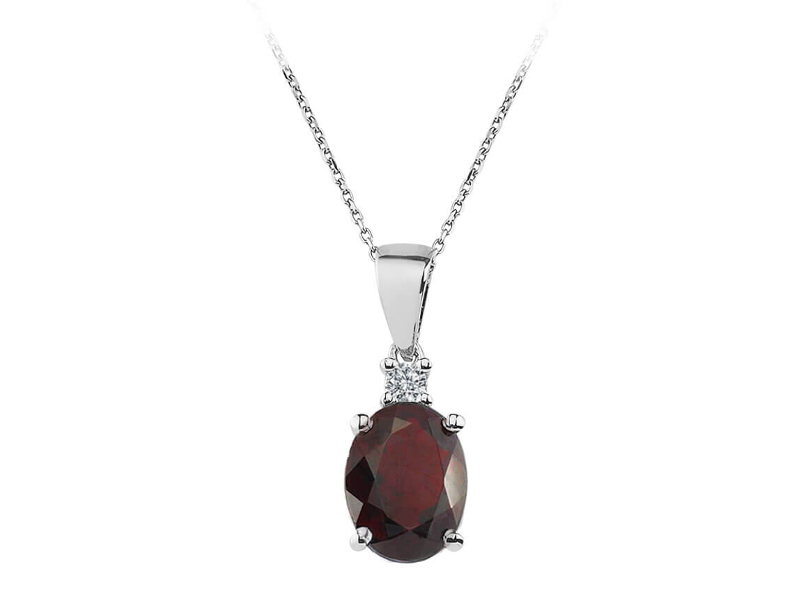Pendant with Oval Garnet & Lab Diamond – 8K White Gold