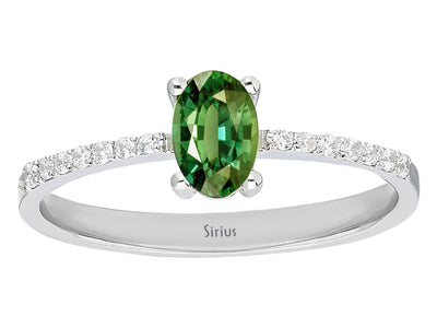 Ring with green oval sapphire and diamonds – 14K white gold