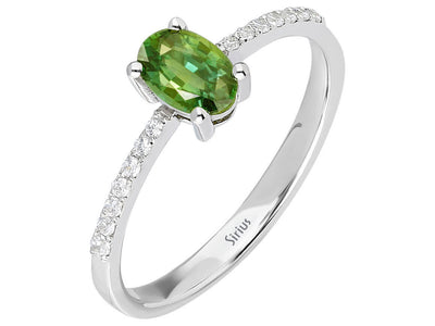 Ring with green oval sapphire and diamonds – 14K white gold
