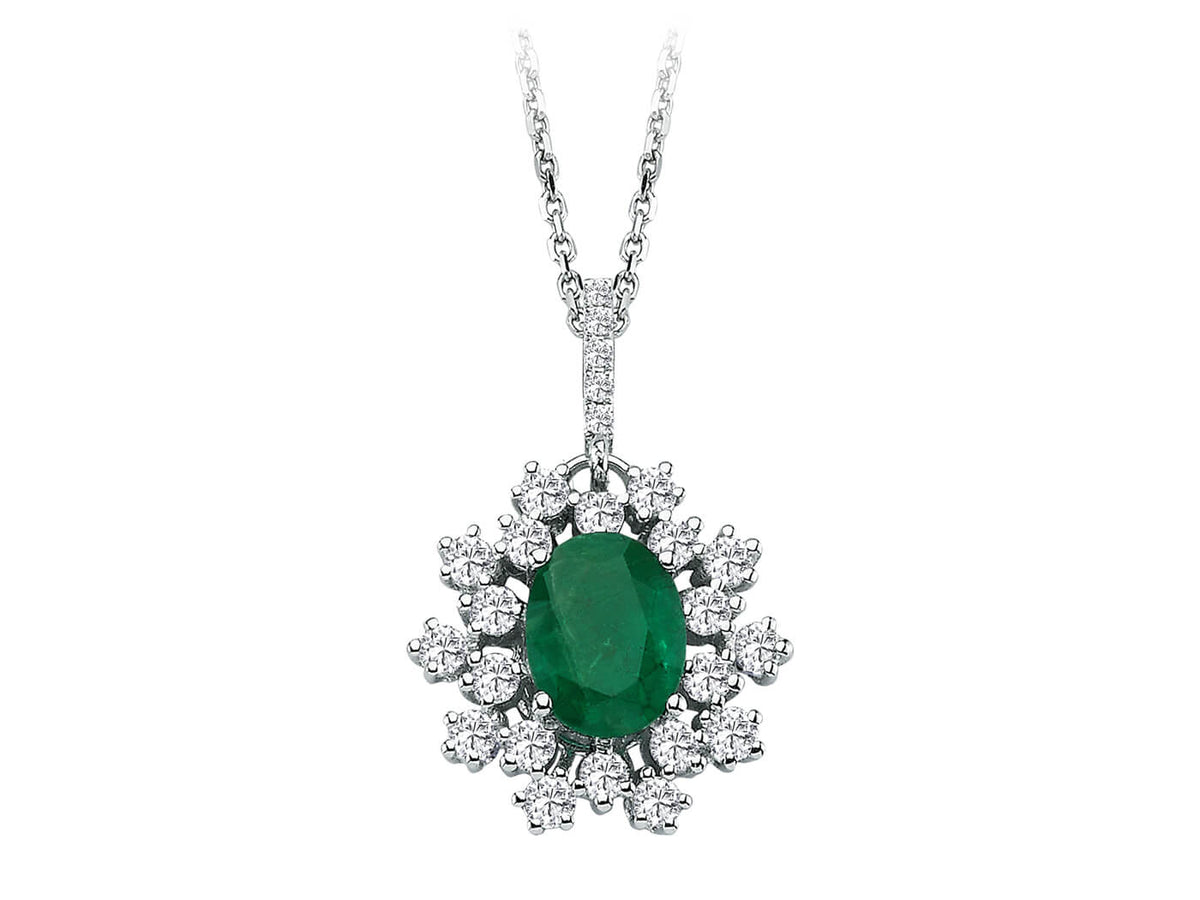 Halo-Anhänger mit ovalem Smaragd & 25 Brillanten - 14K Weißgold - hochwertiger Schmuck von Rosy Lab Diamonds