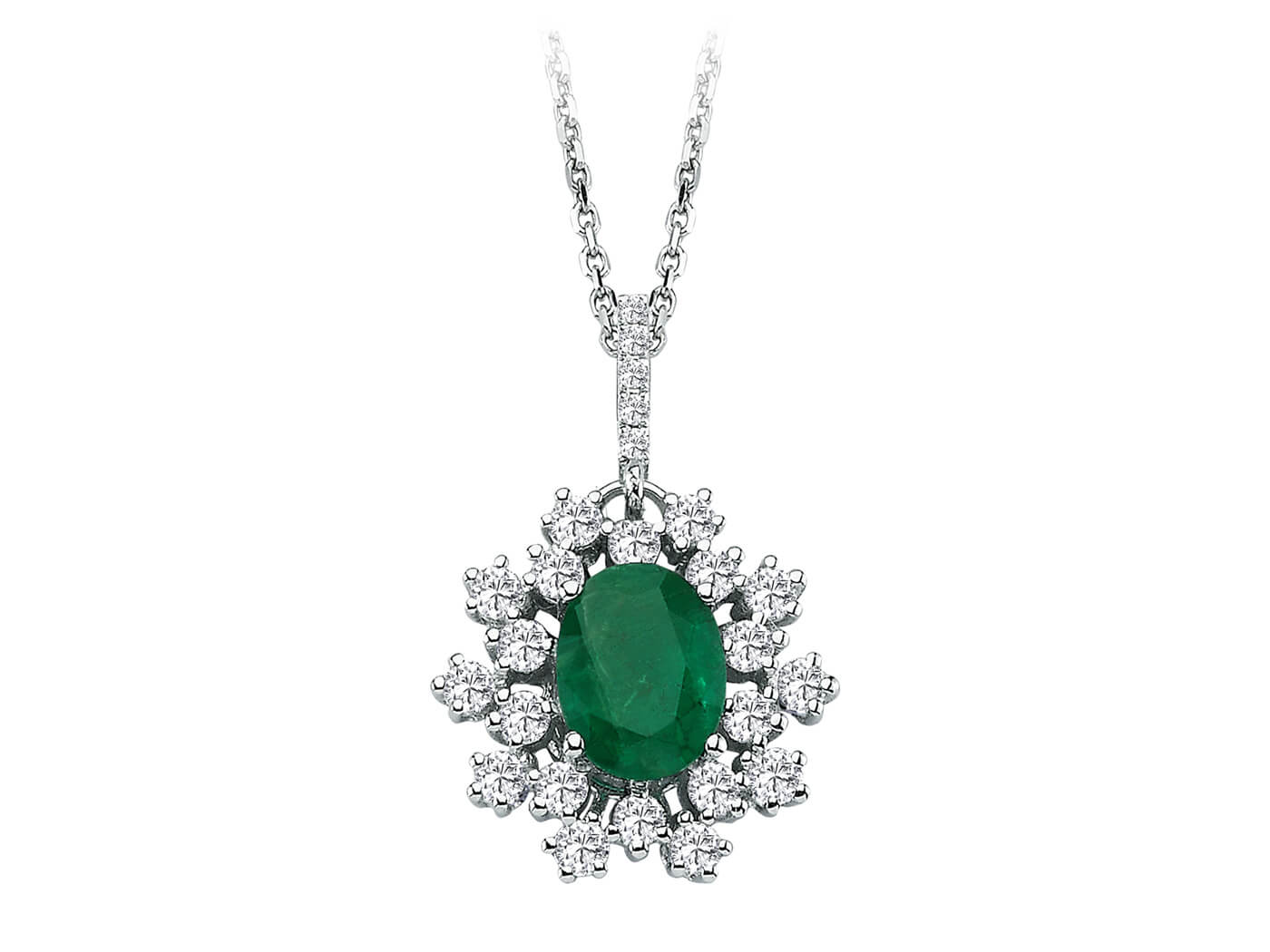 Pendentif de col avec émeraude ovale & 25 brillants – or blanc 14 carats