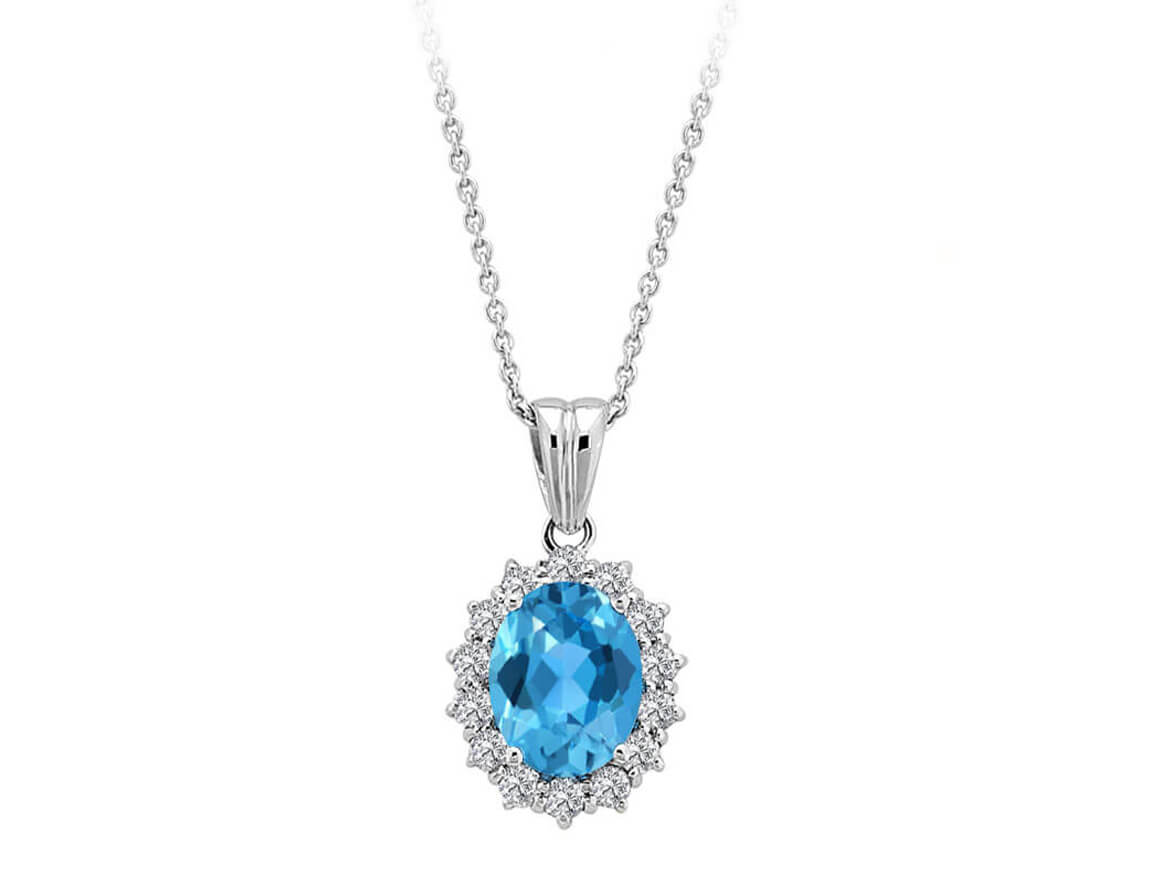 Pendentif Anturage avec topaze bleue ovale & 14 diamants de laboratoire en or blanc 14 carats