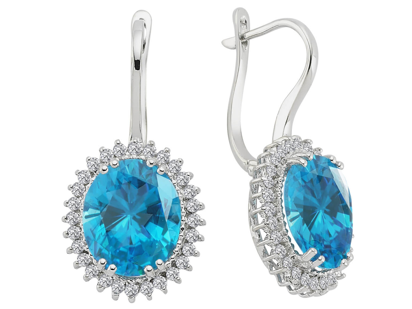 Elegant entourage earrings with oval blue topazes and 56 diamonds made of 14K white gold