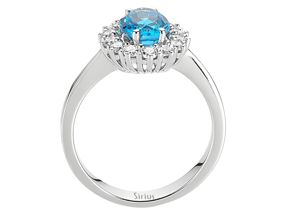 Prächtiger Diamant- und Ovaler Blauer Topas Anturaj-Ring aus 14 Karat Weißgold