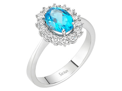 Prächtiger Diamant- und Ovaler Blauer Topas Anturaj-Ring aus 14 Karat Weißgold