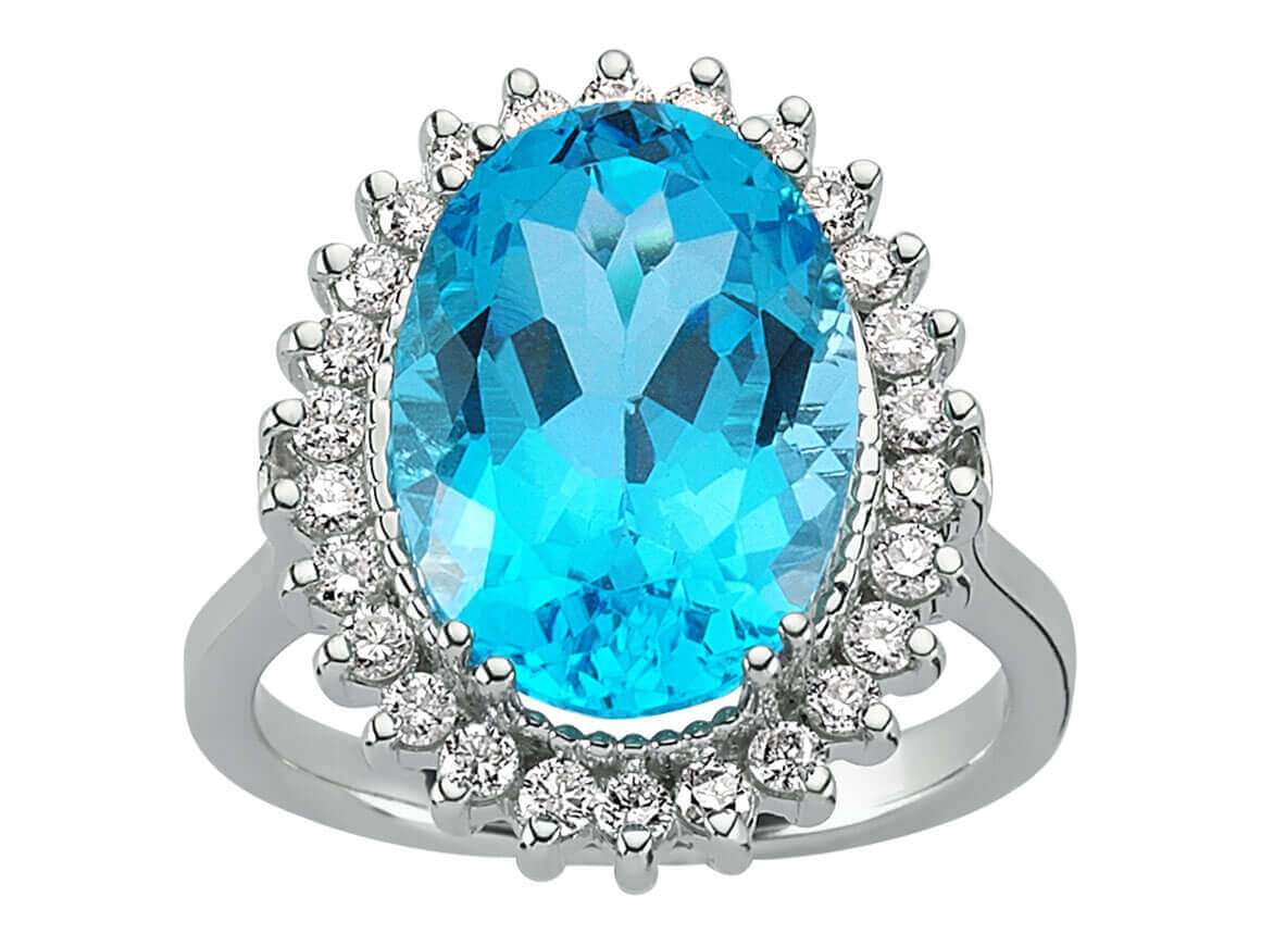Luxueux anneau en or blanc avec 7,47 ct de Topaze et Anturage en diamants de laboratoire | 14 K – Bijoux haut de gamme de Rosy Lab Diamonds