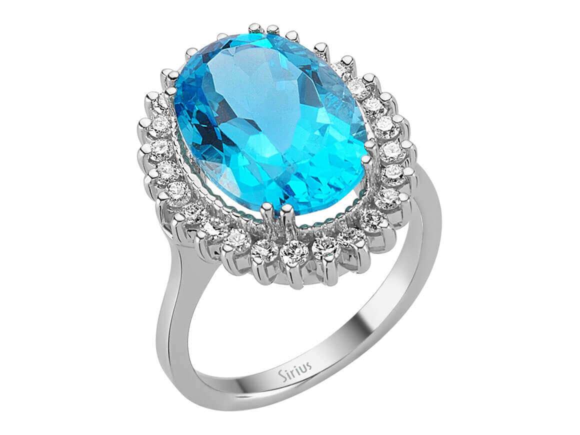 Luxueux anneau en or blanc avec 7,47 ct de Topaze et Anturage en diamants de laboratoire | 14 K – Bijoux haut de gamme de Rosy Lab Diamonds