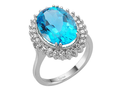 Weißgoldring mit Großem Oval-Topas und Anturage aus Labordiamanten