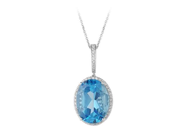 Elegant necklace with oval blue topaz and diamonds in 14K white gold