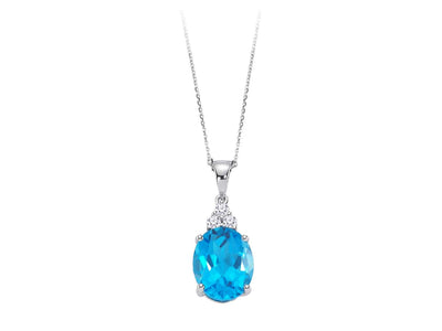 Oval Blue Topaz & 3 Lab Diamonds – Pendant made of 8K White Gold