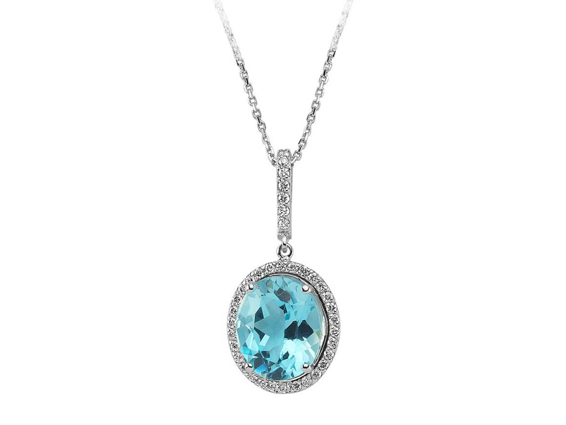Oval pendant with 5.80 ct blue topaz & 0.30 ct diamonds in 14K white gold