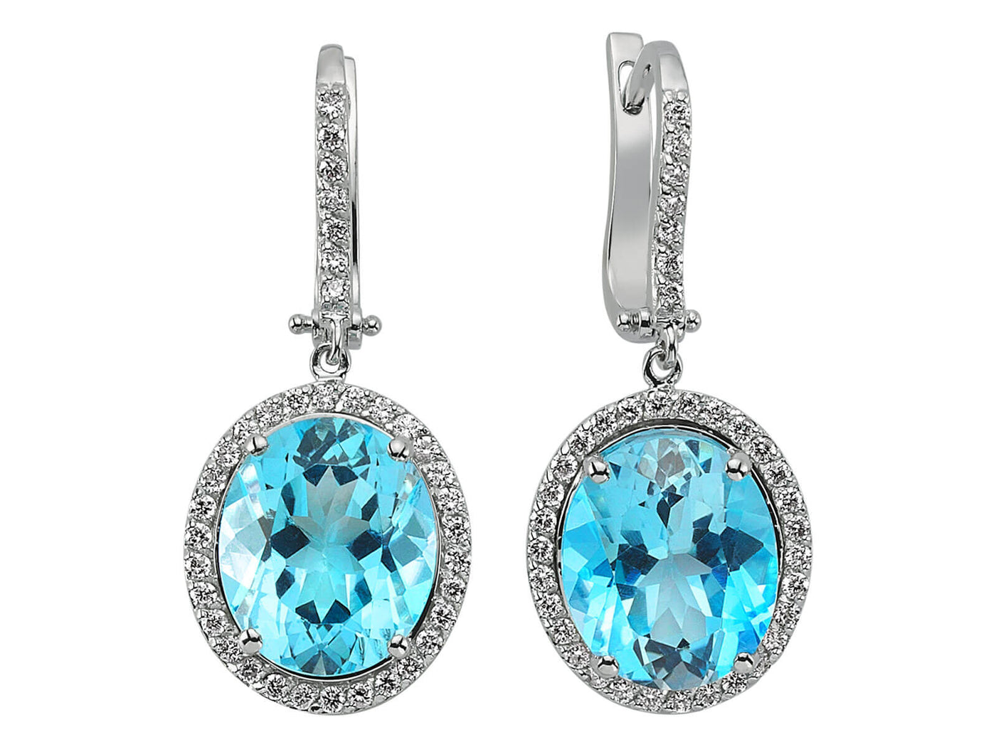 Oval earrings with 12.07 ct blue topaz & 0.59 ct lab-grown diamonds in 14K white gold