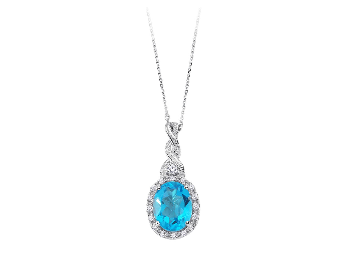 Ovaler Blauer Topas & 17 Labordiamanten - Anhänger aus 14K Weißgold - hochwertiger Schmuck von Rosy Lab Diamonds