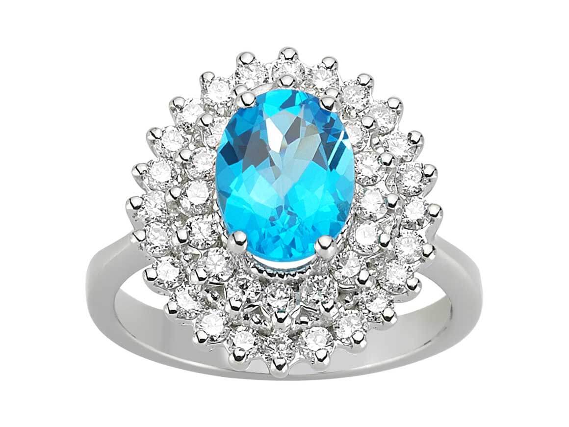 Ring with 40 diamonds and oval blue Topaz in 14-karat White Gold - high-quality Jewelry from Rosy Lab Diamonds