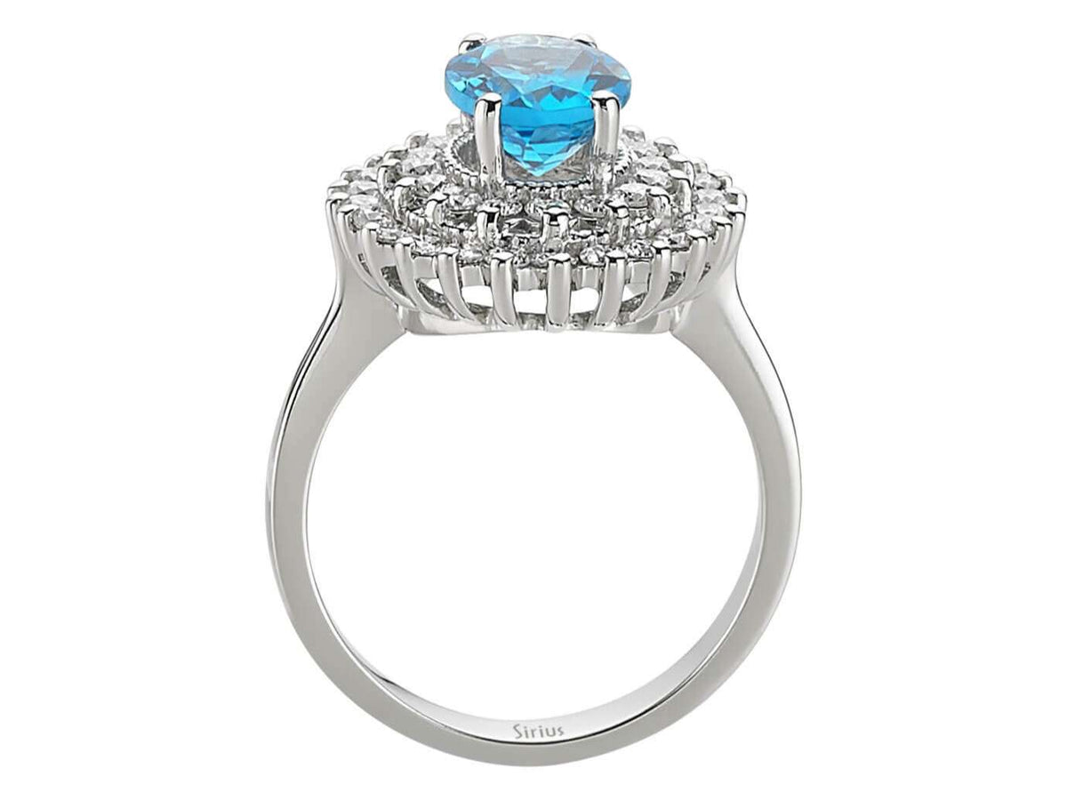 Ring with 40 diamonds and oval blue Topaz in 14-karat White Gold - high-quality Jewelry from Rosy Lab Diamonds