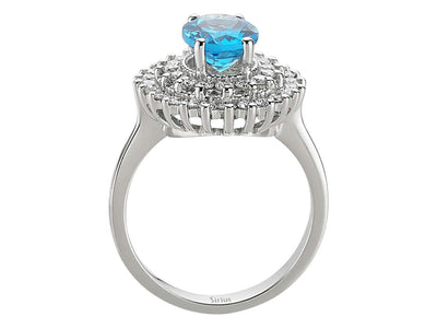 Eleganter Ring mit 40 runden Diamanten und 1 ovalem blauen Topas in 14 Karat Weißgold