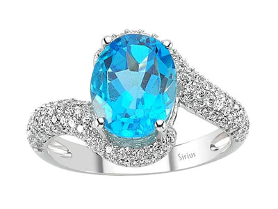 Weißgoldring mit Großem Ovalem Blauem Topas und Pavé-Labordiamanten