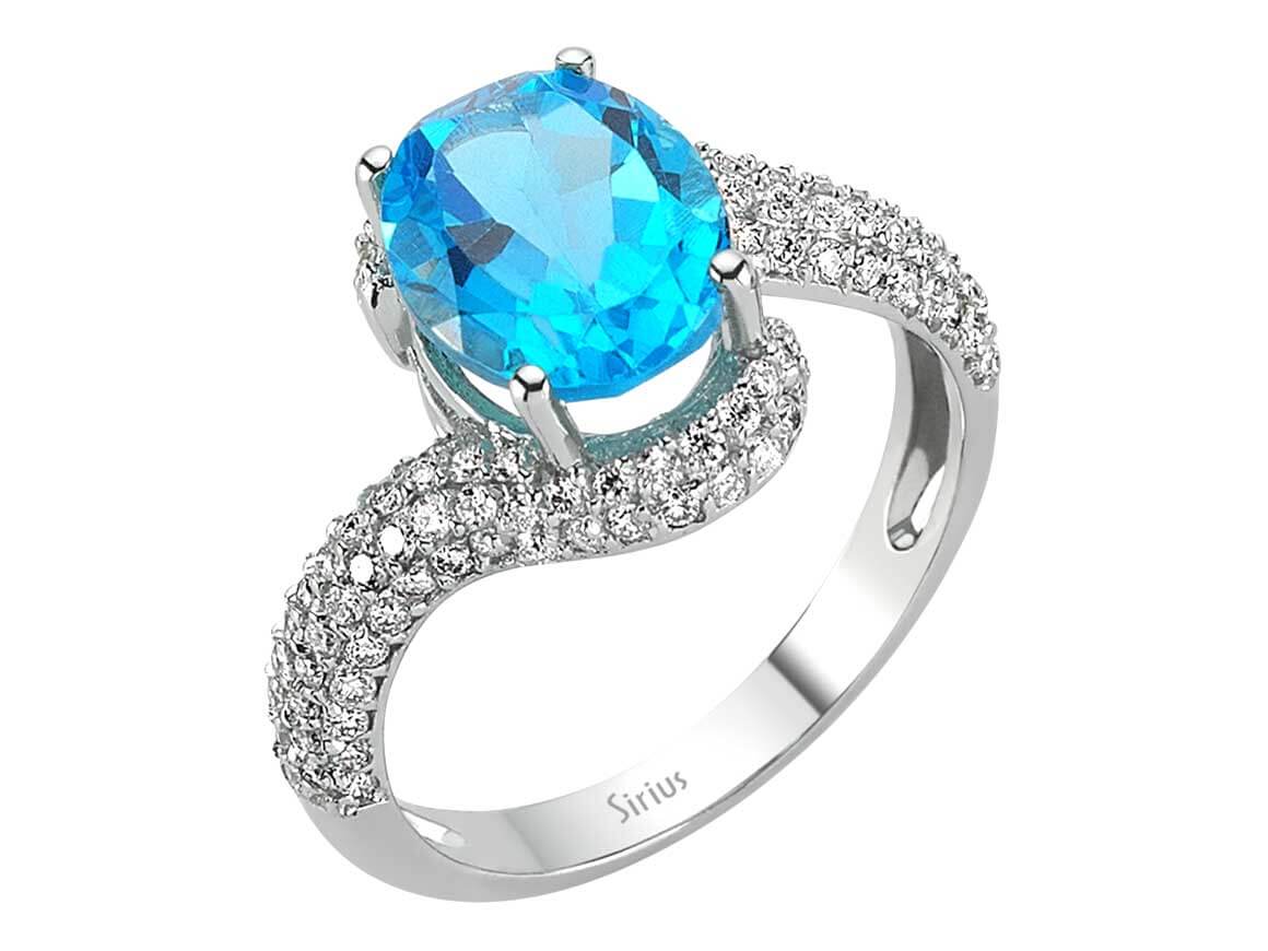 Weißgoldring mit Großem Ovalem Blauem Topas und Pavé-Labordiamanten