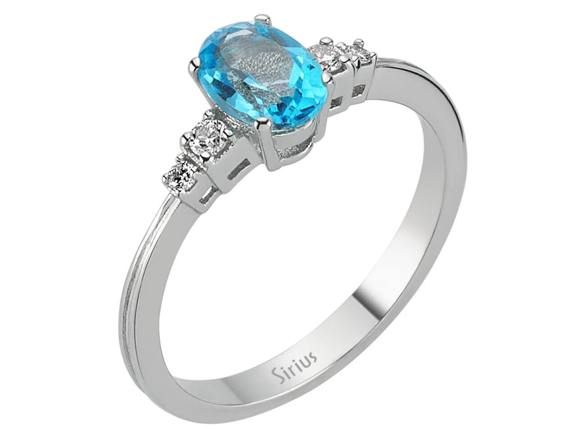 White gold ring with blue oval topaz & lab-grown diamonds | 8K gold - high-quality Jewelry by Rosy Lab Diamonds