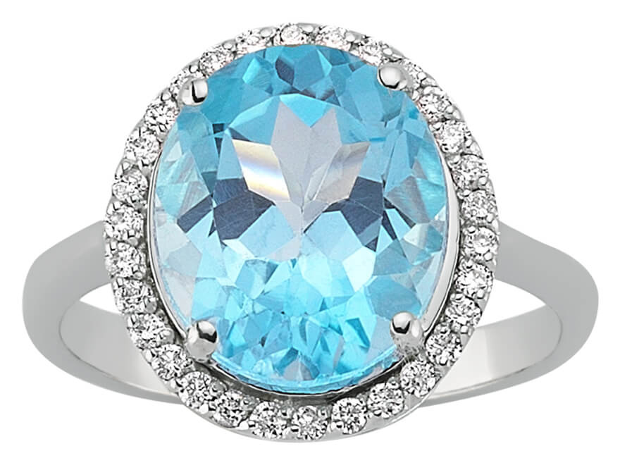 Weißgoldring mit Großem Ovalem Blauem Topas und Diamant-Halofassung