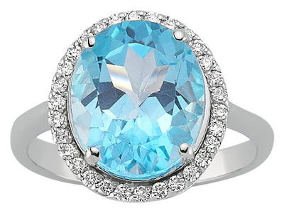 Weißgoldring mit Großem Ovalem Blauem Topas und Diamant-Halofassung