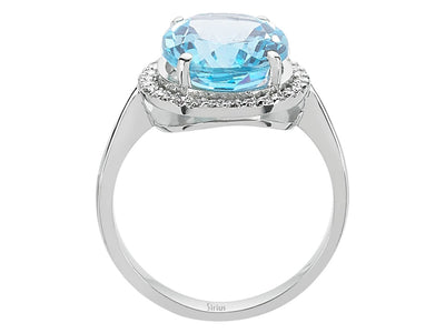Weißgoldring mit Großem Ovalem Blauem Topas und Diamant-Halofassung