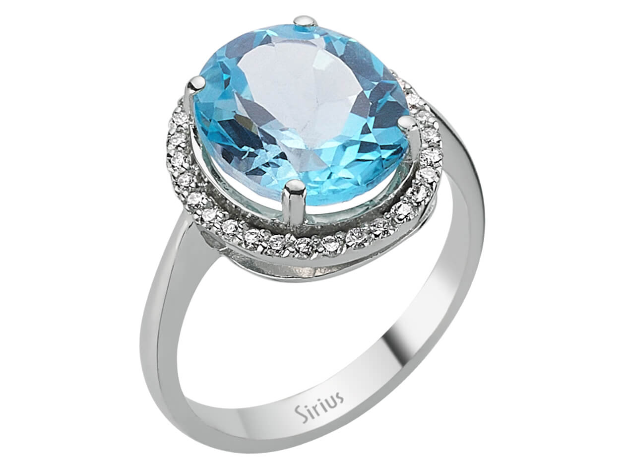 Weißgoldring mit Großem Ovalem Blauem Topas und Diamant-Halofassung
