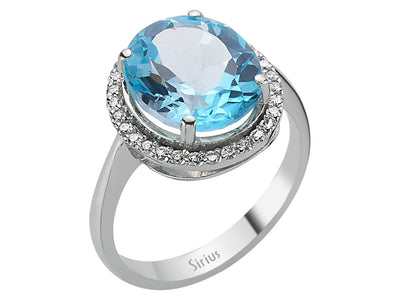 Weißgoldring mit Großem Ovalem Blauem Topas und Diamant-Halofassung