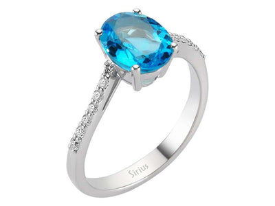 Weißgoldring mit ovalem 2,02 ct Blautopas und 14 Brillanten