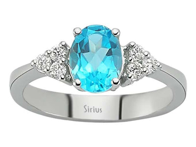 Eleganter Ring mit 1,45 ct ovalem Blautopas & 6 Diamanten – 14K Weißgold – Modell 24R0045