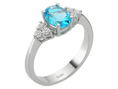 Eleganter Ring mit 1,45 ct ovalem Blautopas & 6 Diamanten – 14K Weißgold – Modell 24R0045