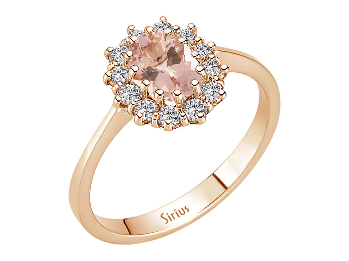 Elegant 14K rose gold ring with 12 round diamonds and 1 oval morganite – 2.65 carats