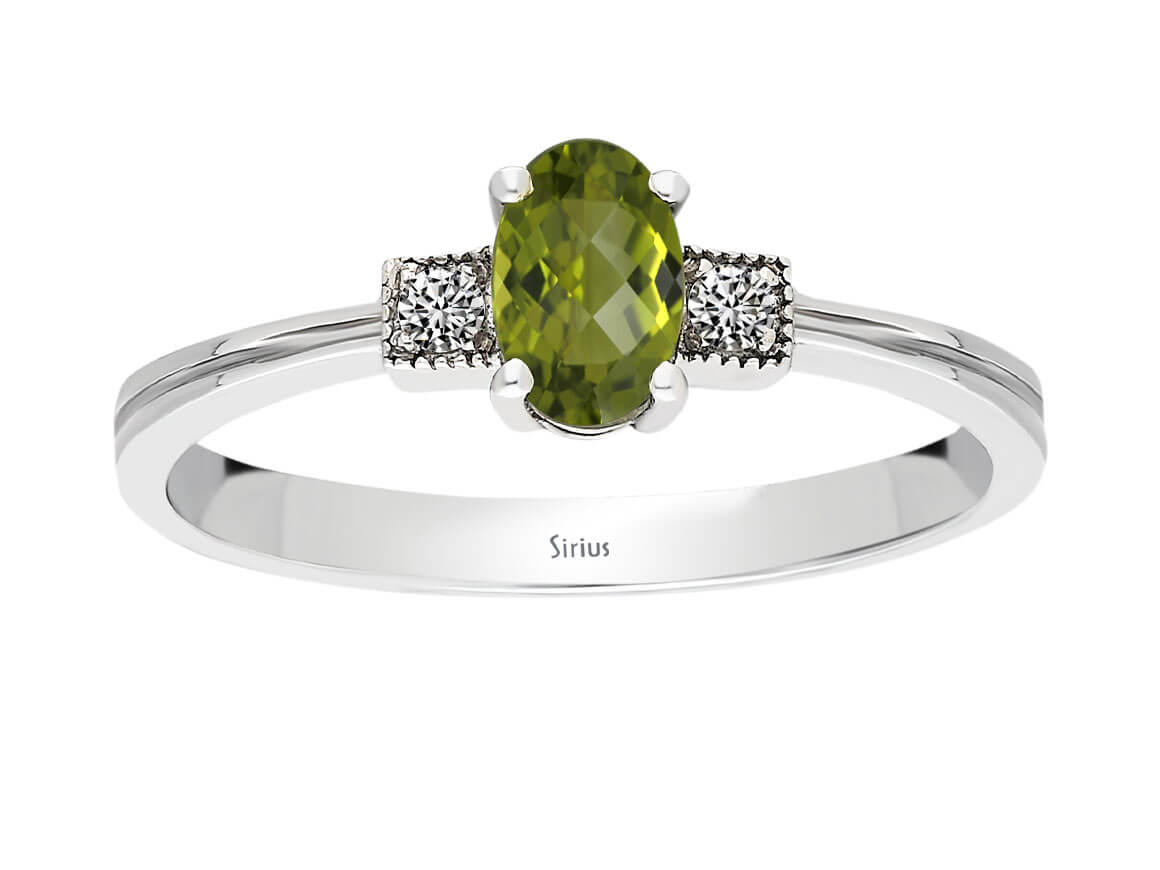 Eleganter Ring mit 2 rund geschliffenen Diamanten und 1 ovalem Peridot, 8 Karat Weißgold