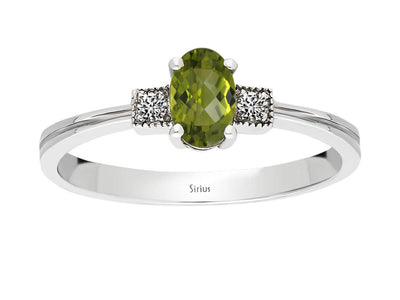 Eleganter Ring mit 2 rund geschliffenen Diamanten und 1 ovalem Peridot, 8 Karat Weißgold