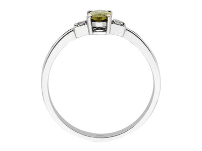 Eleganter Ring mit 2 rund geschliffenen Diamanten und 1 ovalem Peridot, 8 Karat Weißgold