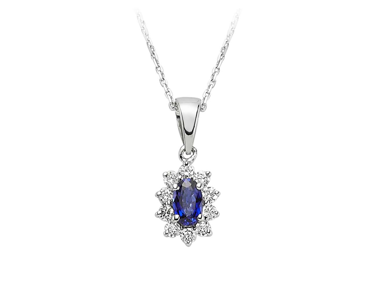 Anturaj pendant with oval sapphire and 10 diamonds – 0.43 ct | 14K white gold